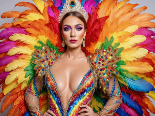 a portrait of a Trans person in a colourful sumptuous rainbow carnival feather suit, circus, drag, drag queen, pride flag, LGBT+, diversity, inclusion