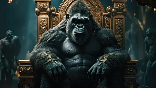 king gorilla sitting on a throne. Created with Generative AI.	