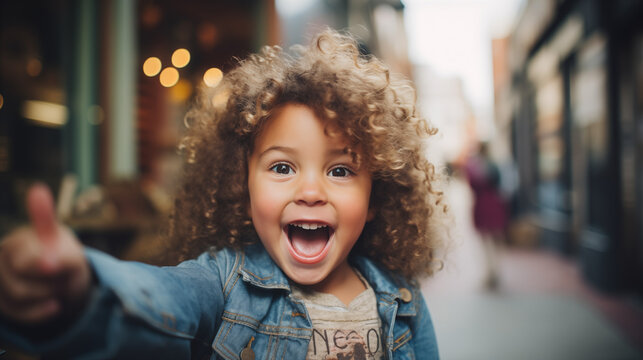 Cute kid with curly hair laughing and smiling and looking at the camera