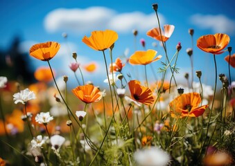 Obraz premium Cheerful orange poppies sway gently against a clear, blue daytime sky