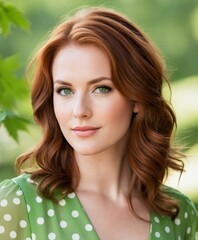 a woman with shoulder-length auburn hair and fair skin. She has green eyes accentuated with mascara, and a natural lip color.