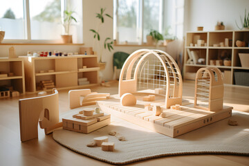 Montessori kindergarten interior. Wooden furniture, educational toys, and materials for early childhood learning. Child-centered education.   Generative AI, - obrazy, fototapety, plakaty