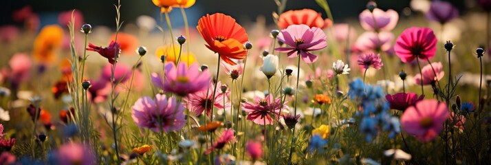 Wide panorama of colorful flowers basking in the soft, warm evening light