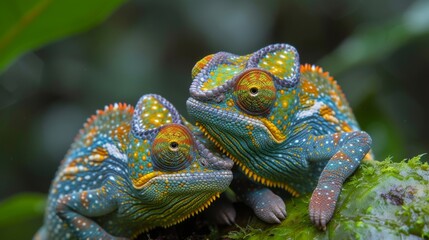 Fototapeta premium Chameleons Blending In, Fascinating photo of chameleons blending into their surroundings, showcasing their unique camouflage.