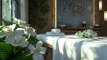a spa treatment through a captivating image of a massage area embellished with plush white towels and fresh flowers, highlighting the allure of relaxation and pampering in a serene environment.