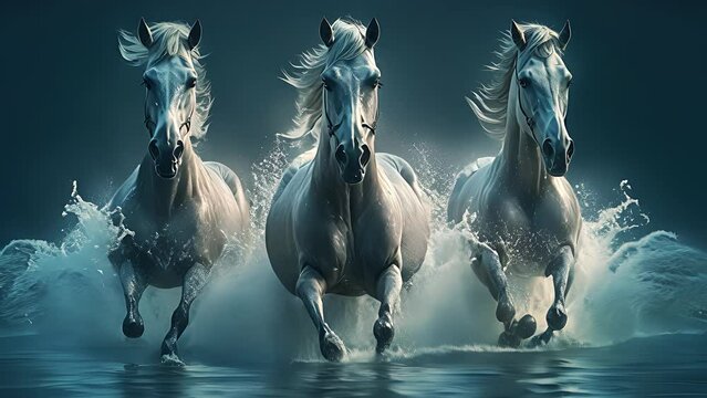 three white horses running in the water. Created with Generative AI.