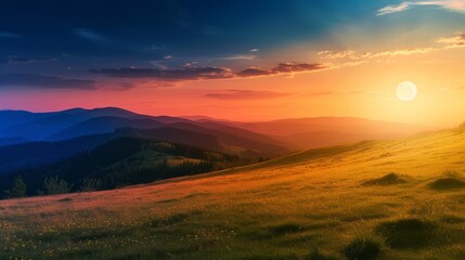 Naklejka na ściany i meble day and night time change above panorama of romania countryside. wonderful springtime landscape in mountains with sun and moon. grassy field and rolling hills. rural scenery