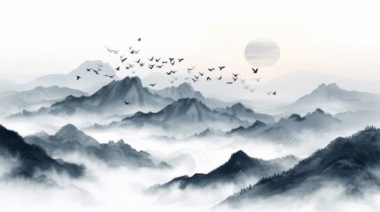 Misty mountains with gentle slopes and flock of birds in sunrise sky. Traditional oriental ink painting sumi-e, u-sin, go-hua