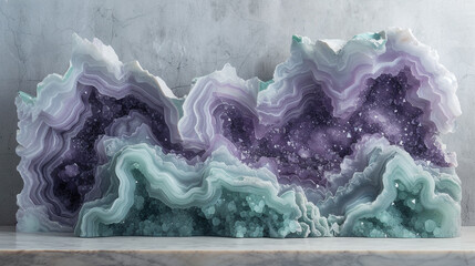 Layers of amethyst and jade swirling together on a marble slab, resembling an abstract interpretation of a serene underwater landscape.  - obrazy, fototapety, plakaty