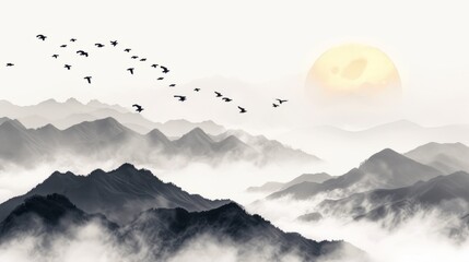 Misty mountains with gentle slopes and flock of birds in sunrise sky. Traditional oriental ink painting sumi-e, u-sin, go-hua
