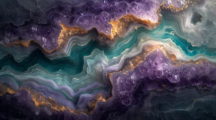 Zelfklevend Fotobehang Layers of amethyst and jade swirling together on a marble slab, resembling an abstract interpretation of a serene underwater landscape.  © Dani Shah