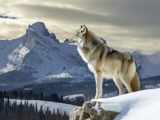 wolf in snow. looking over a mountain