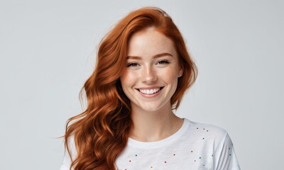 Closeup of happy attractive young woman with long wavy red hair and freckles wears stylish t shirt 