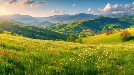 panorama of beautiful countryside of romania. sunny afternoon. wonderful springtime landscape in mountains. grassy field and rolling hills. rural scenery