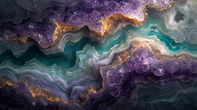 Layers of amethyst and jade swirling together on a marble slab, resembling an abstract interpretation of a serene underwater landscape. 
