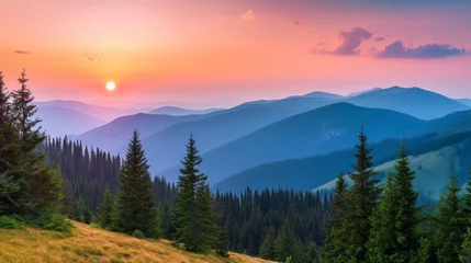 Cercles muraux Couleur saumon panorama of Carpathian mountains at sunset. beautiful landscape with forested hills and Apetska mountain in the distance