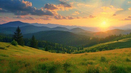 panorama of Carpathian mountains at sunset. beautiful landscape with forested hills and Apetska mountain in the distance - obrazy, fototapety, plakaty