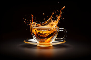 A cup of tea with a splash and drops of liquid around.