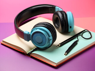 Headphones with microphone and notebook on colour background design.