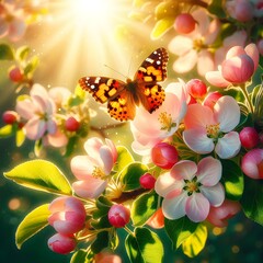 Beautiful spring blossom background with butterfly, flowers and sun rays.