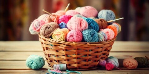 Knitting supplies in rustic basket on wooden table. Closeup, DIY concept. - obrazy, fototapety, plakaty