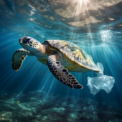Eine Schildkröte schwimmt mit einer Plastiktüte im Meer