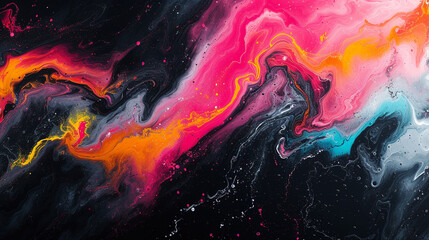Neon streaks of electric pink, lime green, and vibrant orange colliding and intertwining on a sleek marble slab, forming a high-energy abstraction. 