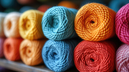 A vibrant selection of yarn skeins neatly arranged, highlighting their rich colors and potential for creative handiwork.