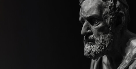 a rough clay sculpture of a concerned old man with a black background and copy space