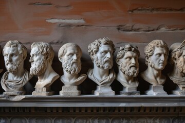 marble busts of various people in front of a red brick wall