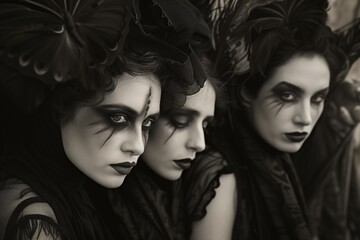 black and white portrait of a group of woman, dressed in dark fantasy fashion 