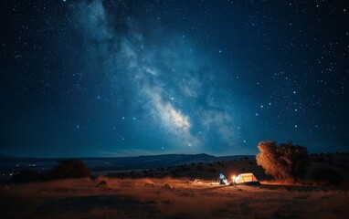 Tent under a starry sky in a remote wilderness at night.