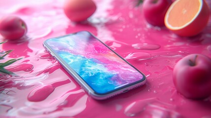 phone smartphone 3D render lies on liquid in pink tones. Generative AI