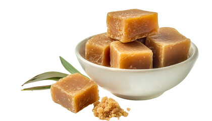 Brown sugarcane cubes in a white bowl isolated on transparent background.
