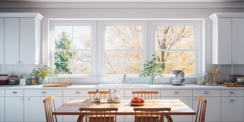 Bright kitchen with white surfaces, table, and large window