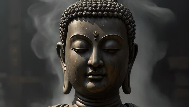Buddha statue.Slowly rising smoke behind him.CGI animation. Illustration.