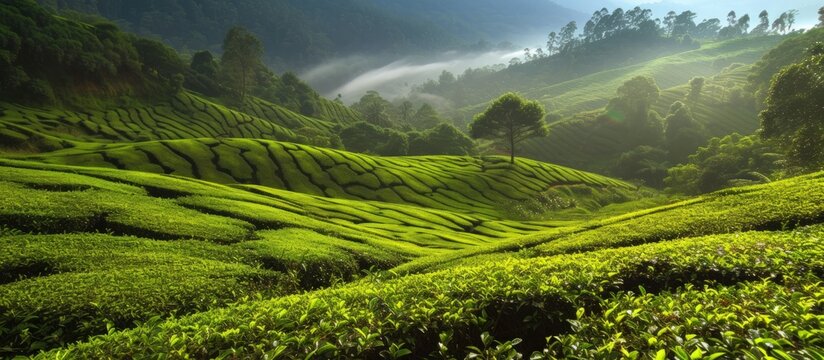 Beautiful landscape of Picturesque tea plantation natural green view. AI generated image