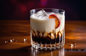 summer cocktail with coffee and cream, soft drink with ice, alcoholic cocktail white Russian, International Bartenders Day, dark background