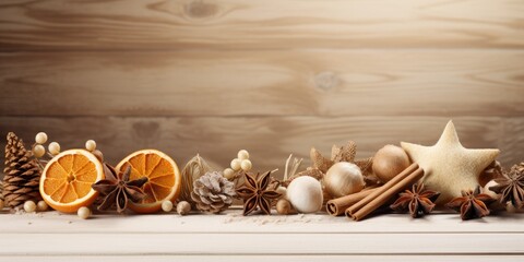 Natural wooden background with vintage white Christmas decorations, cinnamon sticks, dried citrus, and a cafe shelf.