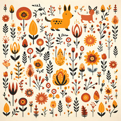 Flat, vector graphic pattern with squirrels, rabbits, deer, and flowers, folk art inspired - obrazy, fototapety, plakaty