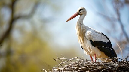 Fototapeta premium A stork, as soon as it is at its nest, is the harbinger of spring. Generative AI