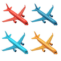 Set of colorful aircrafts 3d icon isolated on transparent background