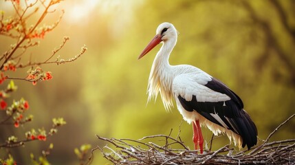 Fototapeta premium A stork, as soon as it is at its nest, is the harbinger of spring. Generative AI