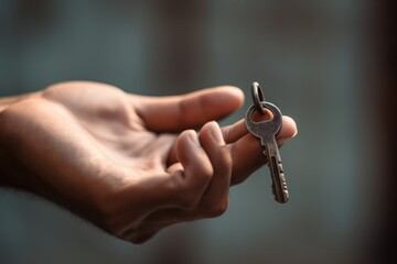 close up of a male hand presenting a single key, with a blurred background suggesting a new home or space awaits