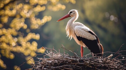Fototapeta premium A stork, as soon as it is at its nest, is the harbinger of spring. Generative AI