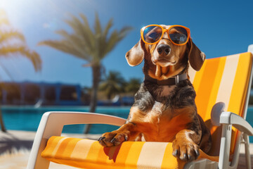 A fashionable dog in sunglasses is relaxing on a sun lounger by the pool under a palm tree. The concept of a summer mood for a design postcard, banner, flyer with a place to copy