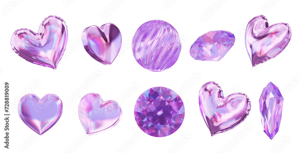 Poster heart and gem decoration set pack isolated background 3d rendering