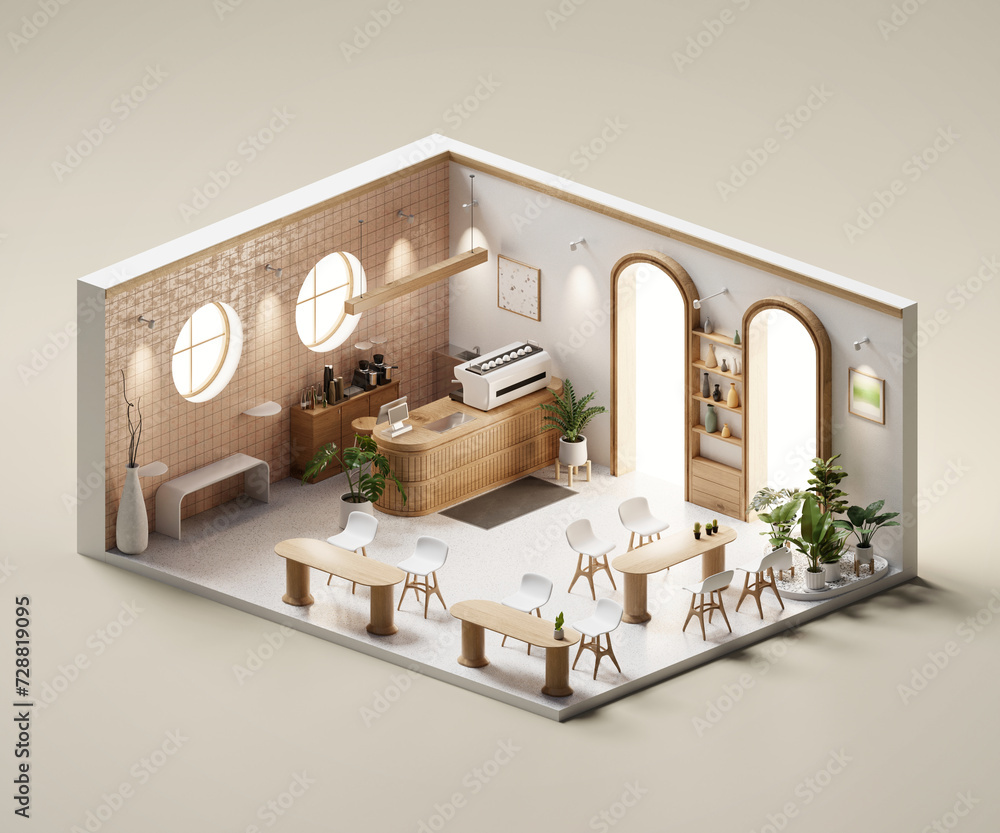 Poster isometric room minimal cafe store open inside interior architecture 3d rendering digital art