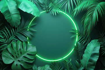 Abstract green background with tropical leaves and neon light.