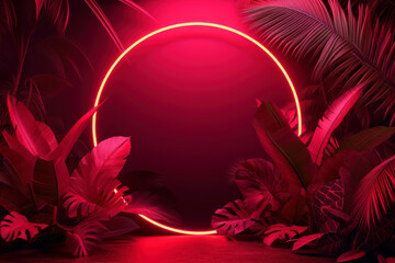 Fototapeta na wymiar Dark red tropical background with palm leaves and neon lights.